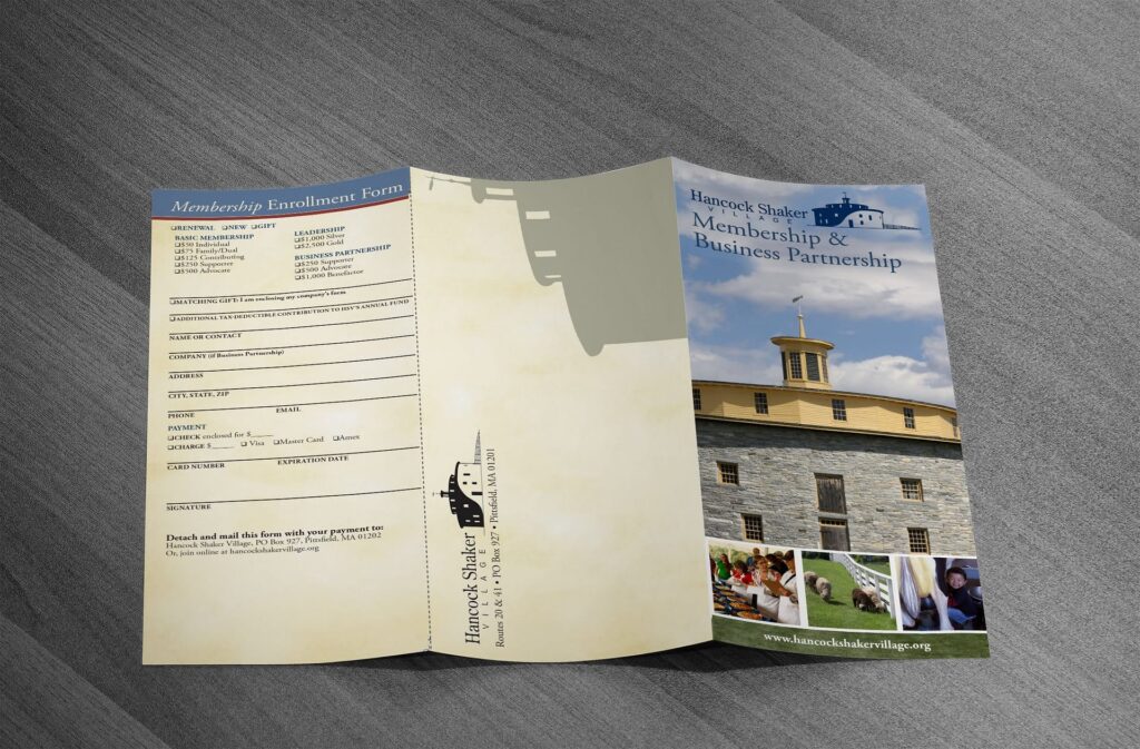 Hancock Shaker Village trifold design and page layout