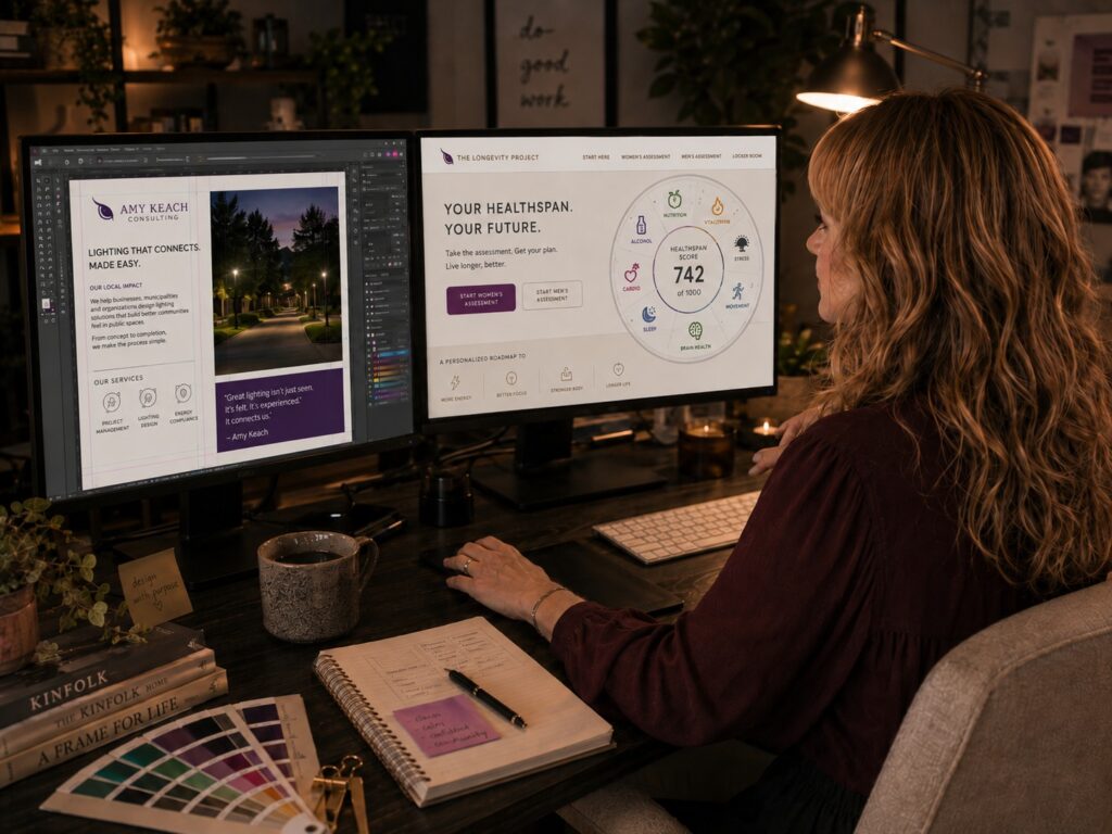Designer working in a dual-monitor creative studio